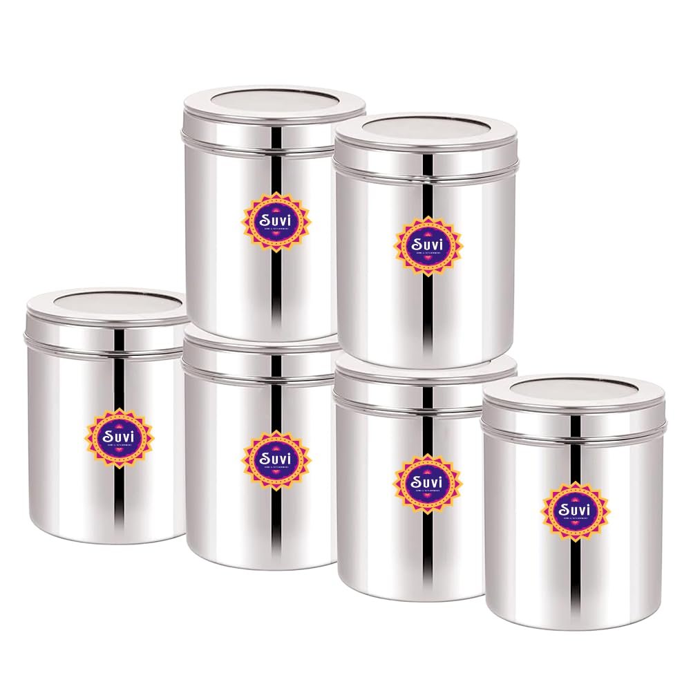 suvi 250gms stainless steel small containers for kitchen with see through lid | kitchen containers set | silver (450ml 6pcs) food grains capacity 250gms approx suvi 250gms stainless steel small containers for kitchen with see through lid | kitchen containers set | silver (450ml 6pcs) food grains capacity 250gms approx