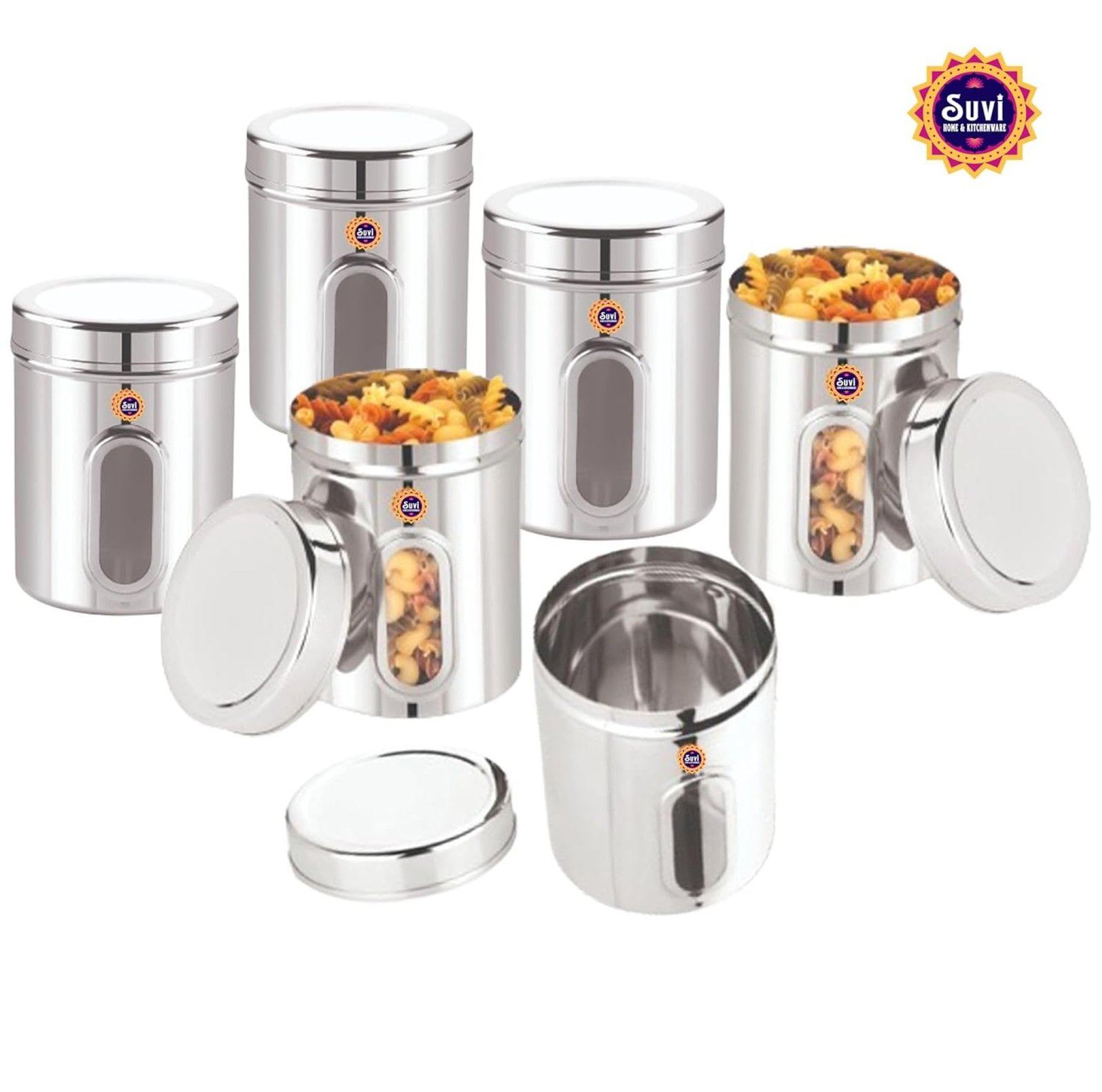 suvi 2kg set of 6pcs stainless steel kitchen containers with see through window | food storage dabba | steel containers set | silver mirror finish | food grains capacity 2kg approx (2500ml 6pcs) suvi 2kg set of 6pcs stainless steel kitchen containers with see through window | food storage dabba | steel containers set | silver mirror finish | food grains capacity 2kg approx (2500ml 6pcs)