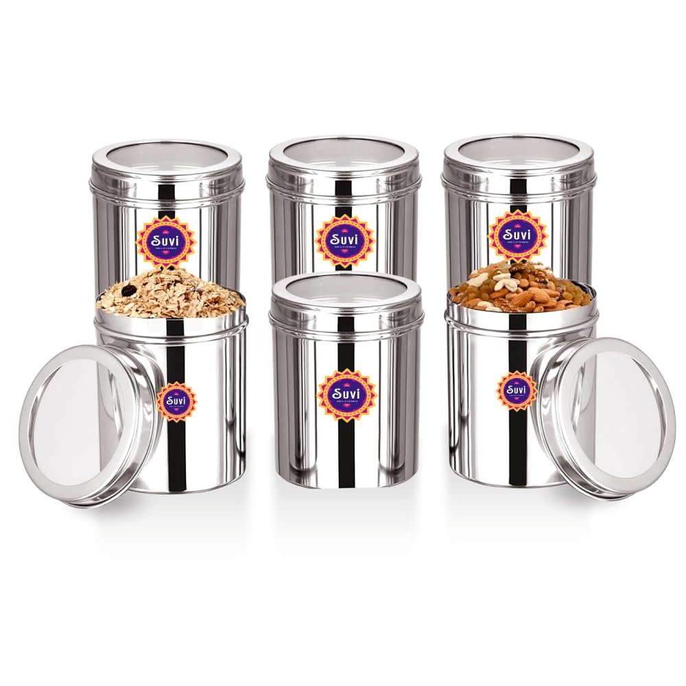 suvi 500gms stainless steel kitchen containers with see through lid (set of 6)| ubha dabba multipurpose storage | steel storage containers for kitchen food grains capacity 500gms approx (750ml 6pcs) suvi 500gms stainless steel kitchen containers with see through lid (set of 6)| ubha dabba multipurpose storage | steel storage containers for kitchen food grains capacity 500gms approx (750ml 6pcs)