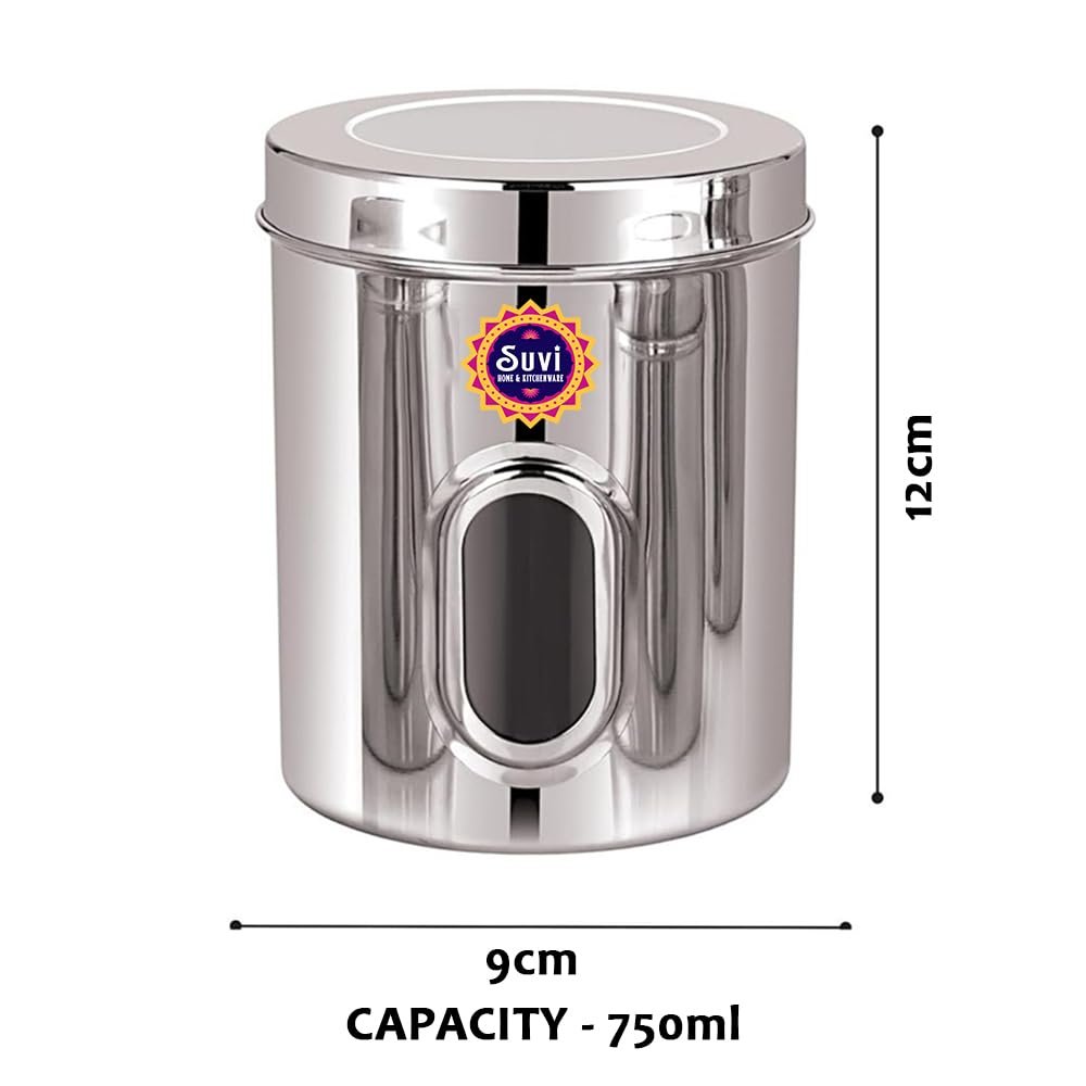 suvi 500gms set of 6pcs stainless steel kitchen containers with see through window | food storage dabba | steel containers set | silver mirror finish | food grains capacity – 500g approx (750ml 6pcs) suvi 500gms set of 6pcs stainless steel kitchen containers with see through window | food storage dabba | steel containers set | silver mirror finish | food grains capacity – 500g approx (750ml 6pcs)