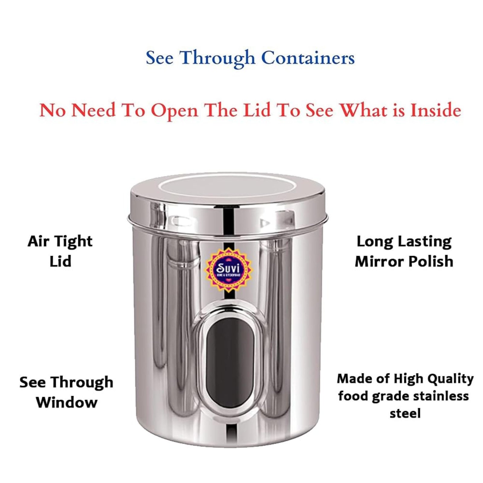 suvi 2kg set of 6pcs stainless steel kitchen containers with see through window | food storage dabba | steel containers set | silver mirror finish | food grains capacity 2kg approx (2500ml 6pcs) suvi 2kg set of 6pcs stainless steel kitchen containers with see through window | food storage dabba | steel containers set | silver mirror finish | food grains capacity 2kg approx (2500ml 6pcs)