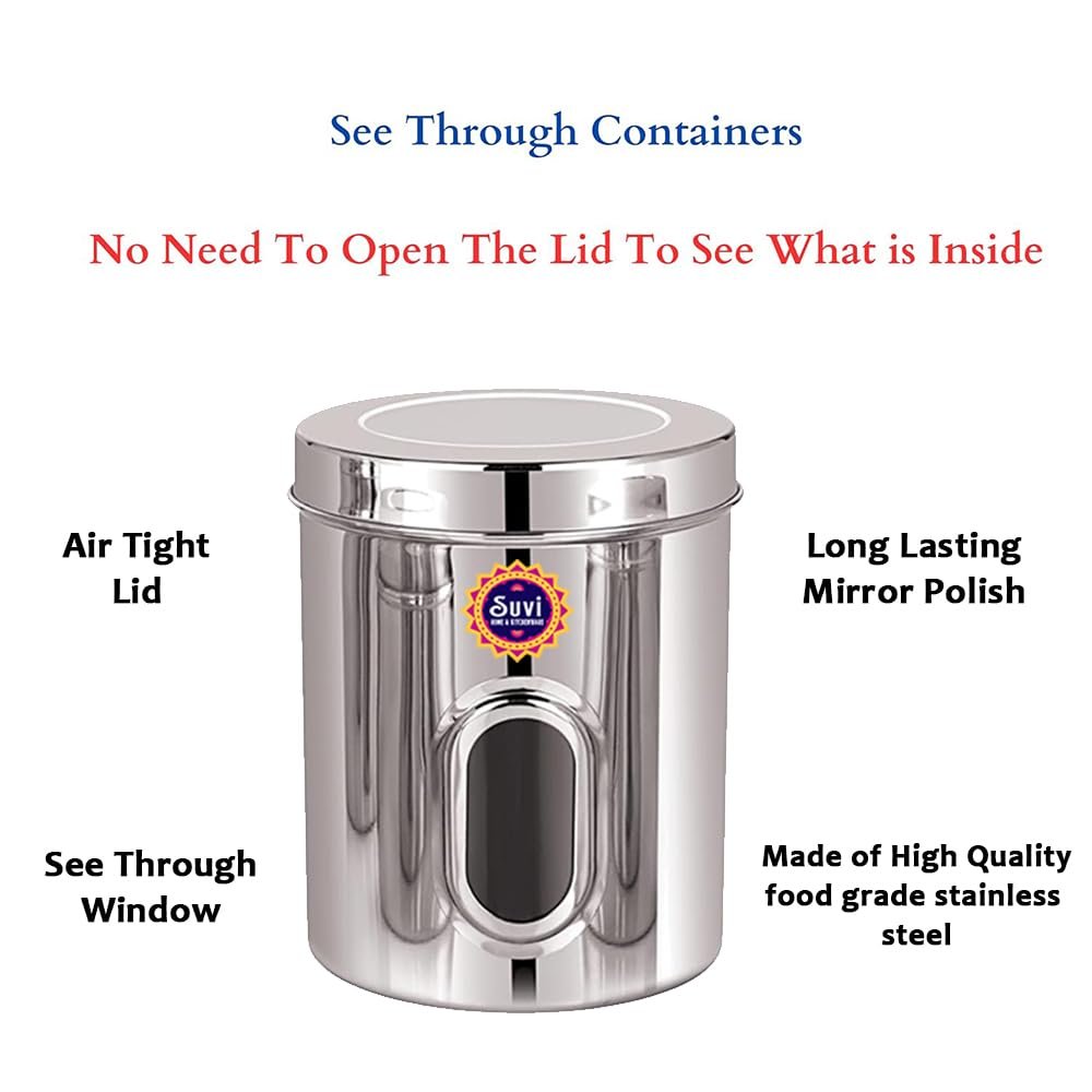 suvi 500gms set of 6pcs stainless steel kitchen containers with see through window | food storage dabba | steel containers set | silver mirror finish | food grains capacity – 500g approx (750ml 6pcs) suvi 500gms set of 6pcs stainless steel kitchen containers with see through window | food storage dabba | steel containers set | silver mirror finish | food grains capacity – 500g approx (750ml 6pcs)