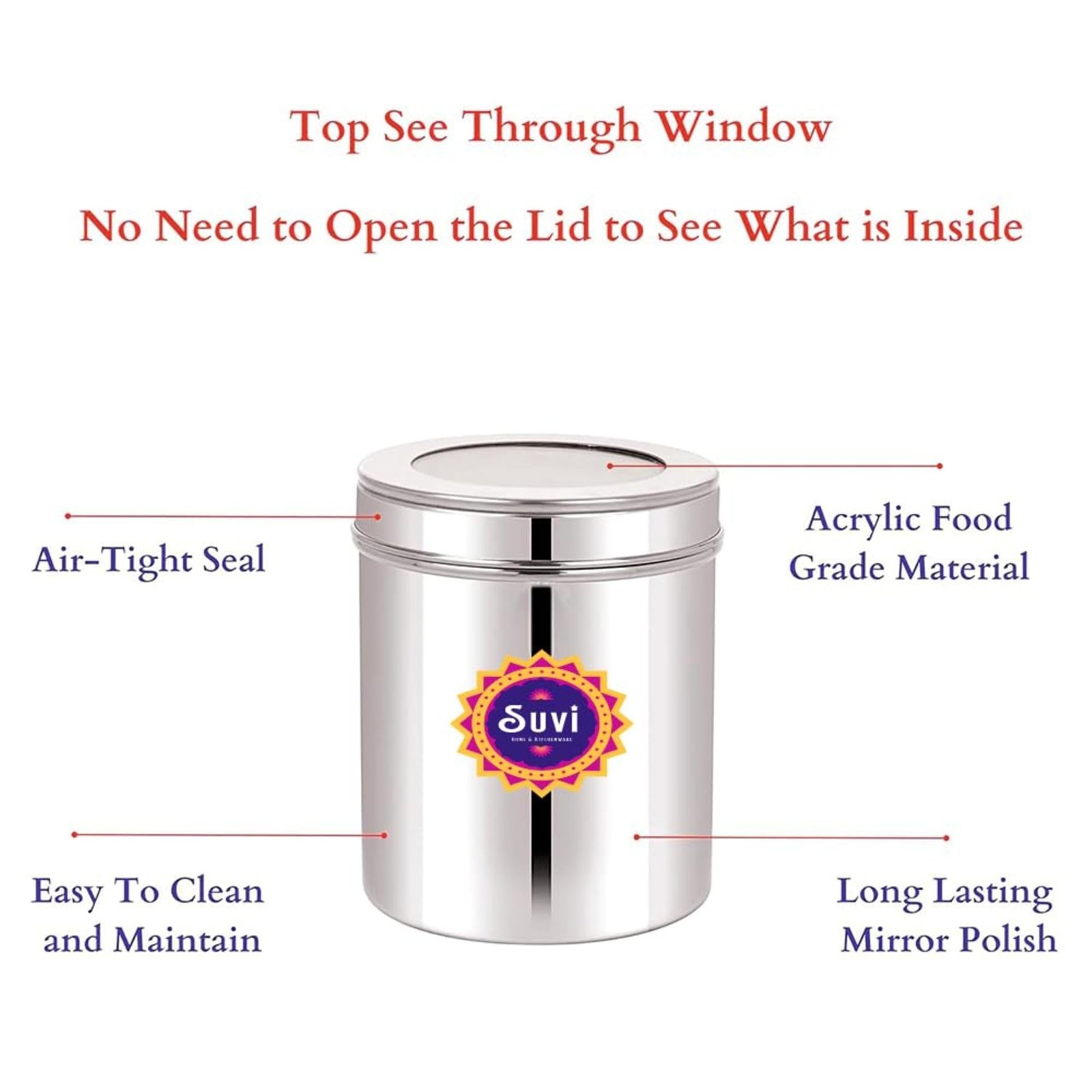 suvi 2 kg stainless steel kitchen containers with see through lid (2500ml 6pcs) | ubha dabba multipurpose storage| steel storage containers for kitchen food grains capacity 2kg approx (pack of 6) suvi 2 kg stainless steel kitchen containers with see through lid (2500ml 6pcs) | ubha dabba multipurpose storage| steel storage containers for kitchen food grains capacity 2kg approx (pack of 6)