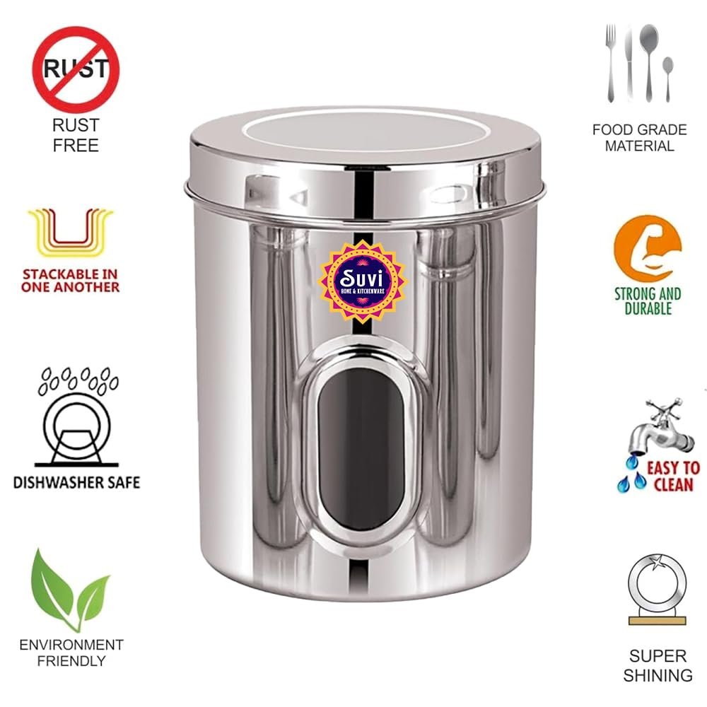 suvi 500gms set of 6pcs stainless steel kitchen containers with see through window | food storage dabba | steel containers set | silver mirror finish | food grains capacity – 500g approx (750ml 6pcs) suvi 500gms set of 6pcs stainless steel kitchen containers with see through window | food storage dabba | steel containers set | silver mirror finish | food grains capacity – 500g approx (750ml 6pcs)