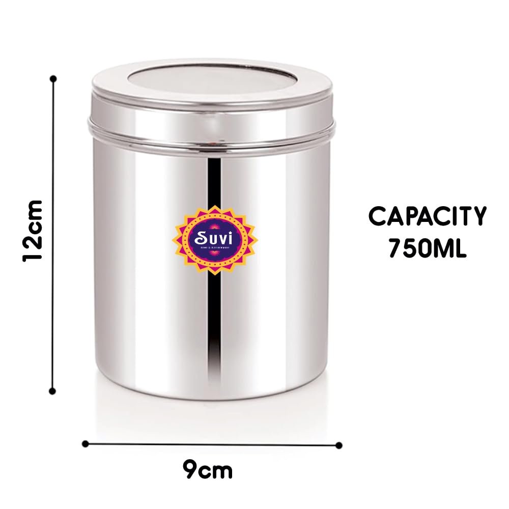 suvi 500gms stainless steel kitchen containers with see through lid (set of 6)| ubha dabba multipurpose storage | steel storage containers for kitchen food grains capacity 500gms approx (750ml 6pcs) suvi 500gms stainless steel kitchen containers with see through lid (set of 6)| ubha dabba multipurpose storage | steel storage containers for kitchen food grains capacity 500gms approx (750ml 6pcs)